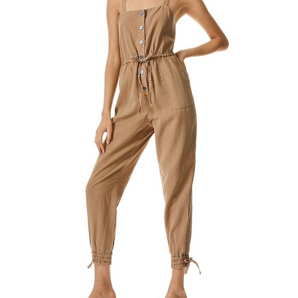 Alice and Olivia Tiana button down jumpsuit in tan - Picture 1 of 7
